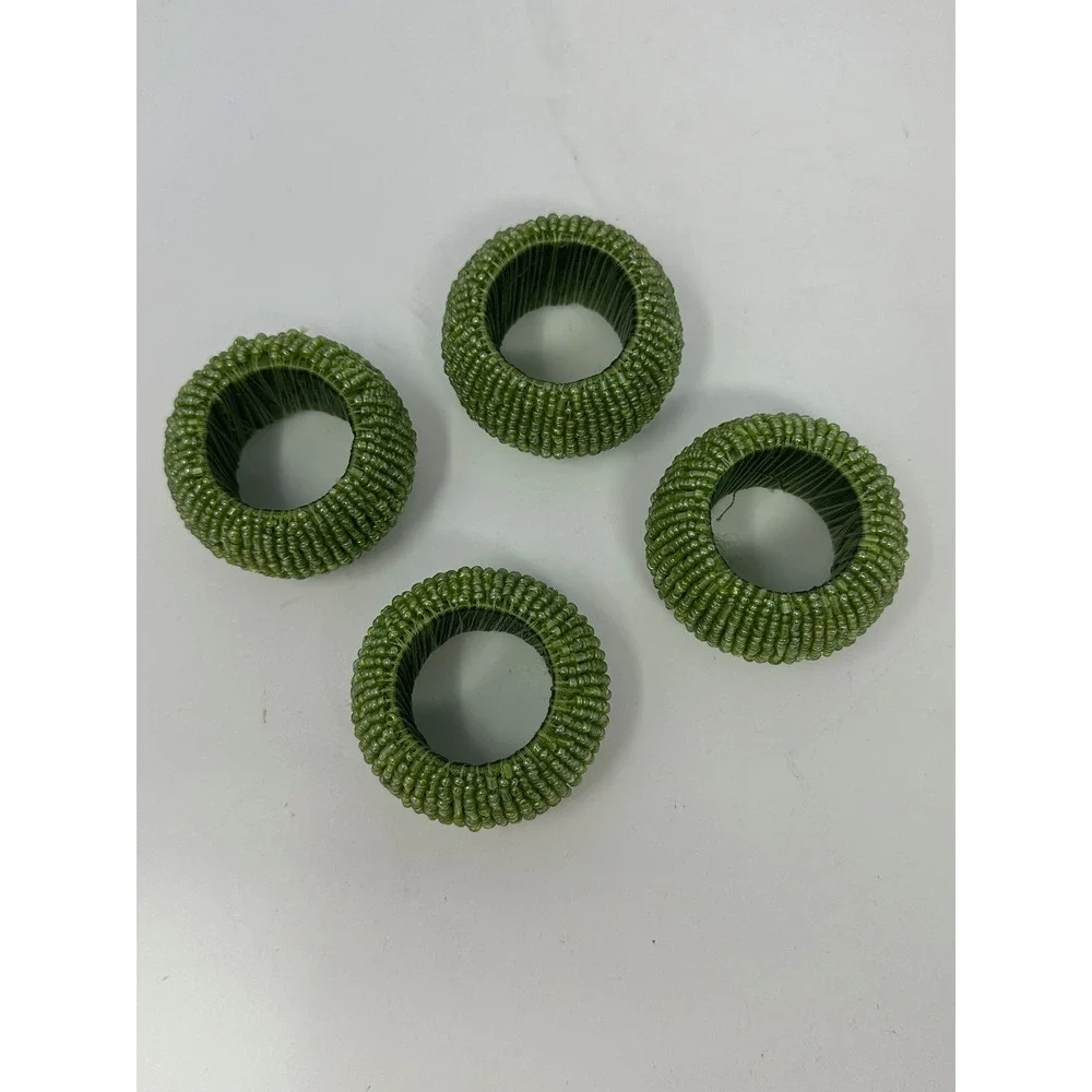 Green Beaded Napkin Rings Set of 4 Round Seed Bead Table Decor Olive Moss